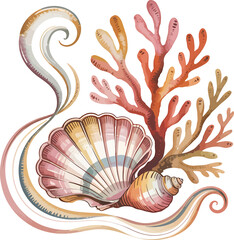 Watercolor Seashell and Coral Illustration conch seaweed