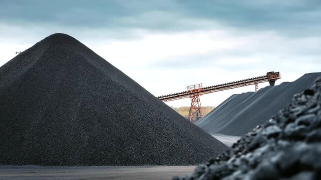 Large coal pile with a conveyor system, industrial efficiency in storage tech, supply chain dynamics in coal handling, manufacturing innovation in mining systems, production flow i