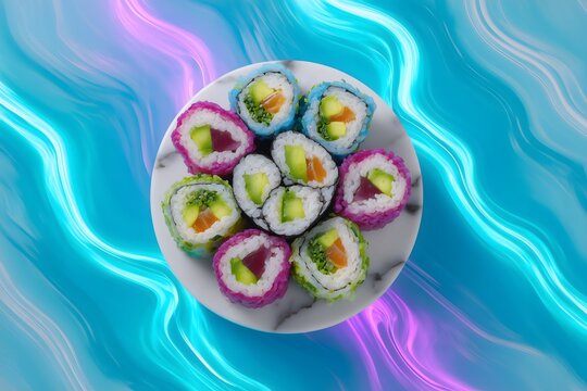 Colorful Sushi Rolls with Avocado on a Plate. Japanese Cuisine