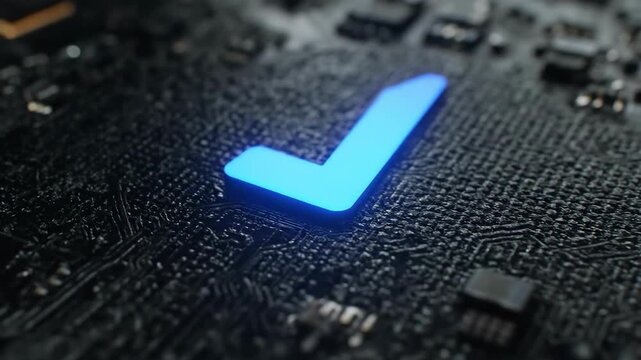 Digital Verification: A close-up shot of a glowing blue checkmark superimposed on a complex circuit board, symbolizing successful validation, data security, and technological approval.