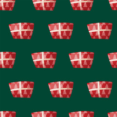 seamless pattern of gift boxes on a rich green background. A beautiful red box