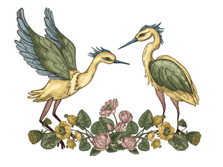 A beautiful vector composition featuring hand-drawn herons and a floral arrangement of lotuses and leaves. This artistic design is perfect for posters, greeting cards, invitations