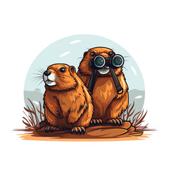 Two playful groundhogs observation scene, one with binoculars in a vibrant, cartoonish style.