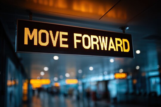 Illuminated 'MOVE FORWARD' sign in modern airport setting encouraging progress and positivity