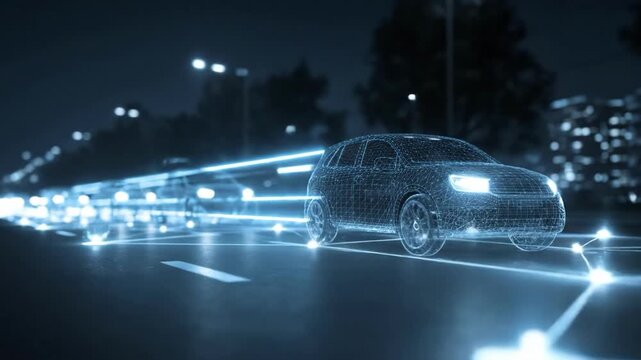 Futuristic City Transport: A mesmerizing display of self-driving cars navigate the glowing network of a futuristic city highway at night. 