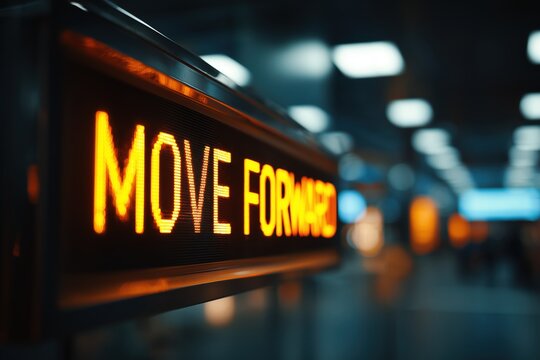 Illuminated electronic display showing 'MOVE FORWARD' in a modern  dimly lit environment