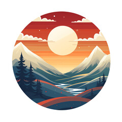 A serene landscape featuring mountains, a river, and a vibrant sunset, perfect for nature enthusiasts.