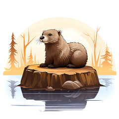 A serene scene featuring an otter resting on a log, surrounded by tranquil waters and a forest backdrop.