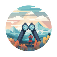 A traveler gazes through binoculars, exploring majestic mountain landscapes during a vibrant sunset.