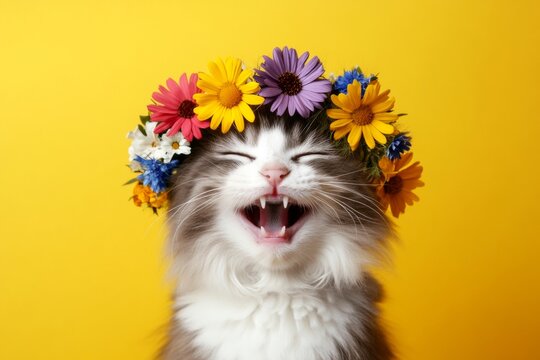 Cute baby cat ragdoll wearing feral flower crown on its head - symbol of sunny days. Isolated yellow background, copy space, marketing concept art. Playful cat with flower crown.