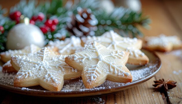 A festive plate of homemade star-shaped Christmas cookies decorated with white snowflake icing and powdered sugar, with holiday decorations in the background