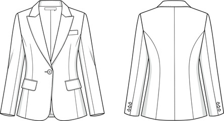 Women’s blazer fashion illustration, technical flat sketch, tailored jacket design, front and back view, apparel template, garment construction, clothing pattern, vector drawing