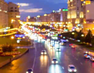 Blurred image of a city street at night with bokeh lights and car headlights on a wet road