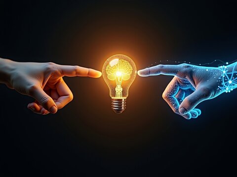 Collaboration between human intelligence and AI for innovation. Digital and human hands touching a lightbulb with a brain.