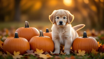 Adorable Labrador Puppy with Pumpkins in Autumn Park. Sweet Golden Retriever Puppy playing among pumpkins and fallen leaves. Perfect for greeting cards, festive posters, pet-themed designs. AI image
