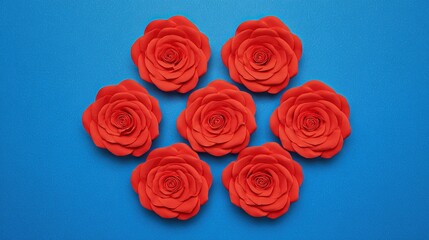 Fototapeta premium lay. Circular arrangement of vibrant roses against a blue background, top-down view. gardening catalogs, home-decor guides, designed for gardening and botanical catalogs, used by data analysts.