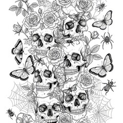 A detailed black and white illustration featuring a macabre arrangement of skulls intertwined with roses, butterflies, spiders, and beetles, evoking a gothic and dark aesthetic