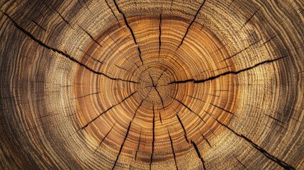 A close-up view of a tree stump, showcasing its intricate growth rings and cracks, highlighting the natural texture and age of the wood.