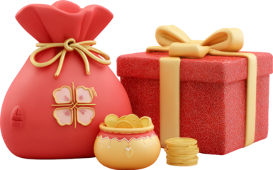 Lucky red bag gift box gold coin festive charm sparkle