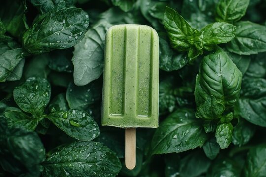 Green popsicle on background of basil. Ice cream on a background of green leaves.