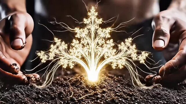 3D animation of hands nurturing a glowing seed that grows into a tree of light, symbolizing growth and potential, seamless loop