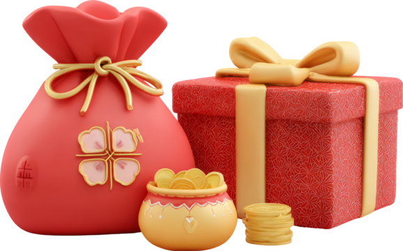Lucky red bag gift box gold coin festive charm sparkle