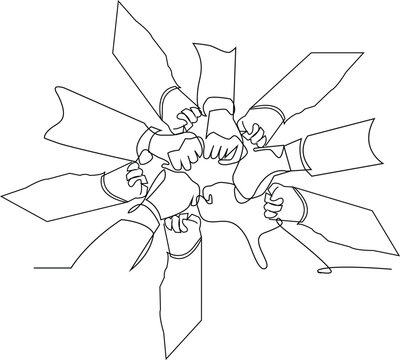 Single one line drawing hand gesture making circle ring network. Group of businessman hand gesture making teamwork pose, icon or symbol. Modern continuous line draw design graphic vector illustration 