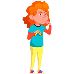 A Young Girl With Fiery Red Hair Wearing A Bright Blue T Shirt With A Rainbow Graphic And Yellow Pants With A Concerned Expression On Her Face
