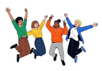 A diverse group of four young adults joyfully jumping in the air with their arms raised, isolated on a white background, celebrating success and freedom
