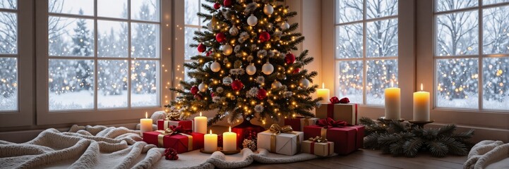 Cozy Christmas tree with glowing lights, red and gold ornaments, surrounded by wrapped gifts and candles by large snowy windows in a winter home.