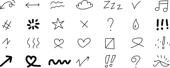 Creative hand drawn doodle icon and symbol collection on a clean white background