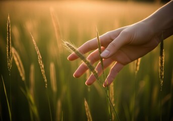 A gentle hand touches a blade of grass in a field during a warm, golden sunset, evoking a sense of peace and nature