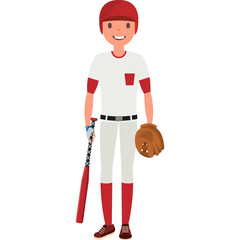 Baseball Player Standing Holding Bat and Glove Red and White Uniform on Transparent Background