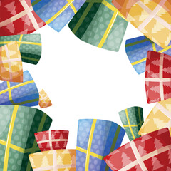 square frame for text. gift boxes located at the edges of the frame, space for text in the center.