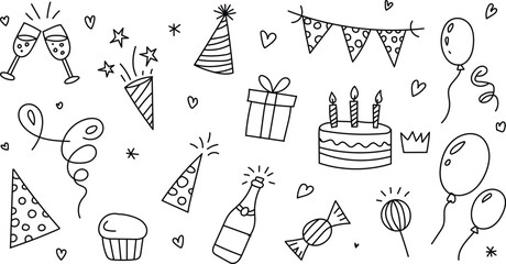 Hand drawn birthday party celebration sketch including cakes balloons and festive icons