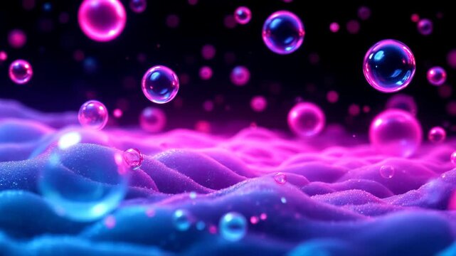 Luminous magenta and blue neon color bubbles floating up from a wavy, glittering surface against a dark background