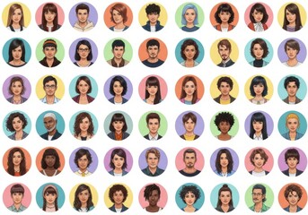 Diverse group of people portraits in circular frames, showcasing a variety of ethnicities, ages, and genders, isolated on white background