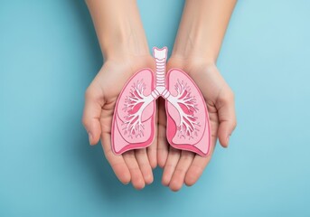 Hands holding a paper cutout of lungs on a blue background, symbolizing health and respiratory system awareness