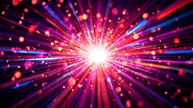 Abstract animation of neon colored particles and light rays exploding from a central bright core