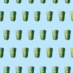 Seamless pattern beautiful green box in festive packaging with a yellow ribbon.