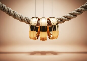 Three golden wedding rings hanging from a thick rope, symbolizing commitment and unity in marriage
