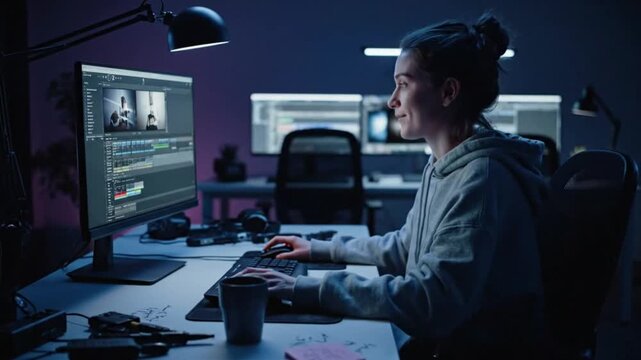 Tired female video editor working late into the night on her computer