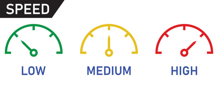 Speedometer color vector icon set. Low, Medium or High risk on speedometer. fuel meter icon vector set on white background. Speed indicator symbol. vector illustration.
