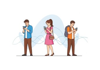 Three young adults, two men and one woman, engrossed in their smartphones, standing apart with a subtle wave pattern behind them, isolated on white background