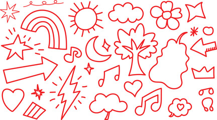 Whimsical red outline doodles of nature elements perfect for kids illustrations
