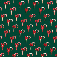 Seamless pattern with a Christmas cane. Colorful, delicious candy on a rich green background