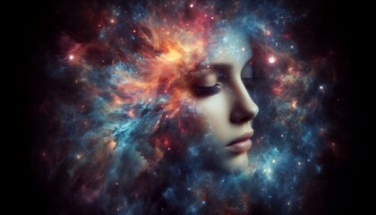 Galactic Mind: Woman's Profile Immersed in a Vibrant Cosmic Nebula