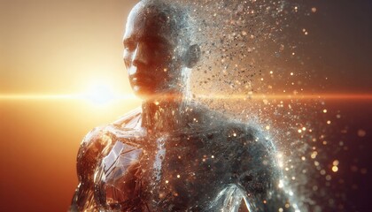 Digital Man Disintegrating into Particles in Ethereal Light