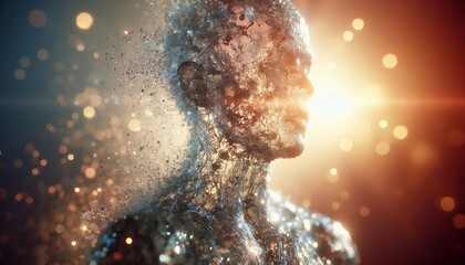 Abstract Human Form Dissolving into Luminous Particles with Bright Energy Light