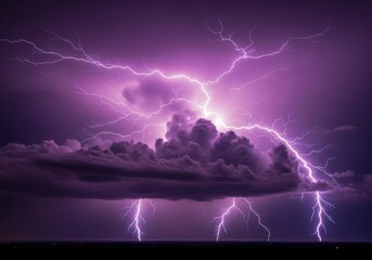A dramatic thunderstorm illuminates the night sky with vibrant purple lightning striking through dark, ominous clouds over a silhouetted landscape